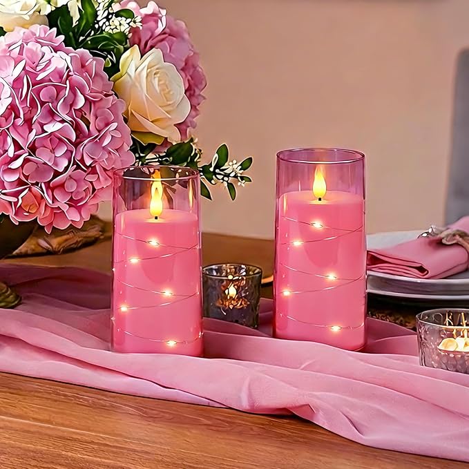 Homemory Flameless Pink Candles with Embedded Star String Fairy Lights, Battery Operated Candles, LED Candle, Fake Candles with Remote Control and Timer, Set of 2(H 6" 6")