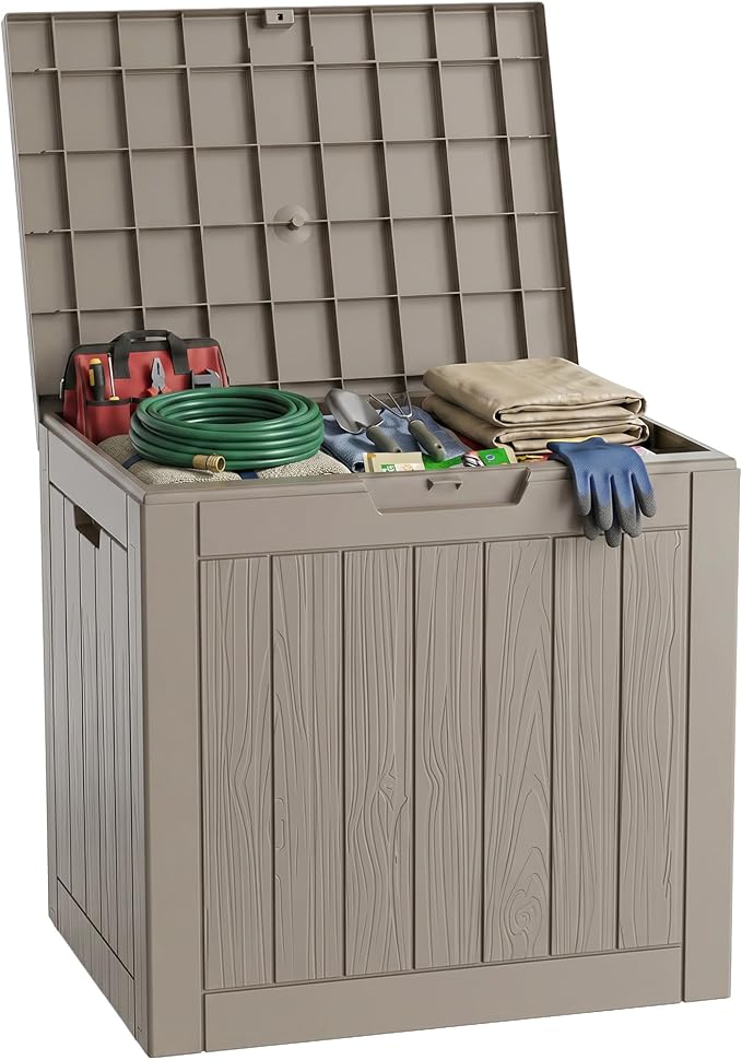 PatioZen 36 Gallon Deck Box,Waterproof Resin Outdoor Storage Boxes, Outside Storage Lockable Container for Garden Tools,Indooor Cushions,Accessories (Grey)