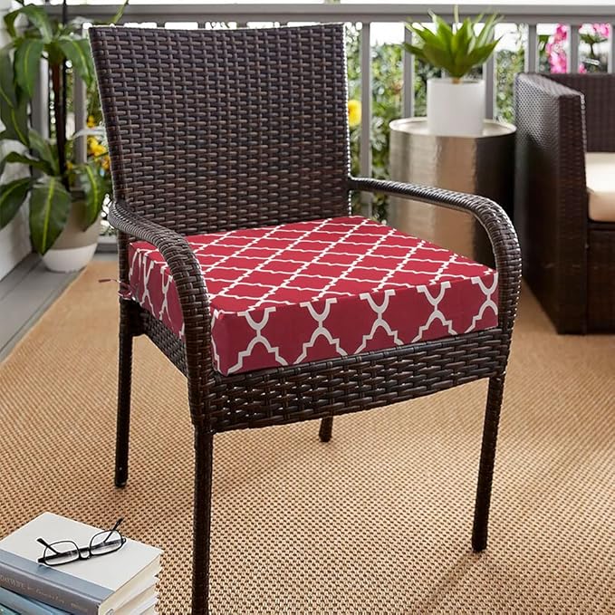 Magpie Fabrics Indoor Outdoor Patio Cushion Cover Replacement 2 Pack, Water Repellent Slipcover with Ties Decor for Garden Chair Seat Sofa Bench Wicker(Geometry Red, 22x20x4 Inch)