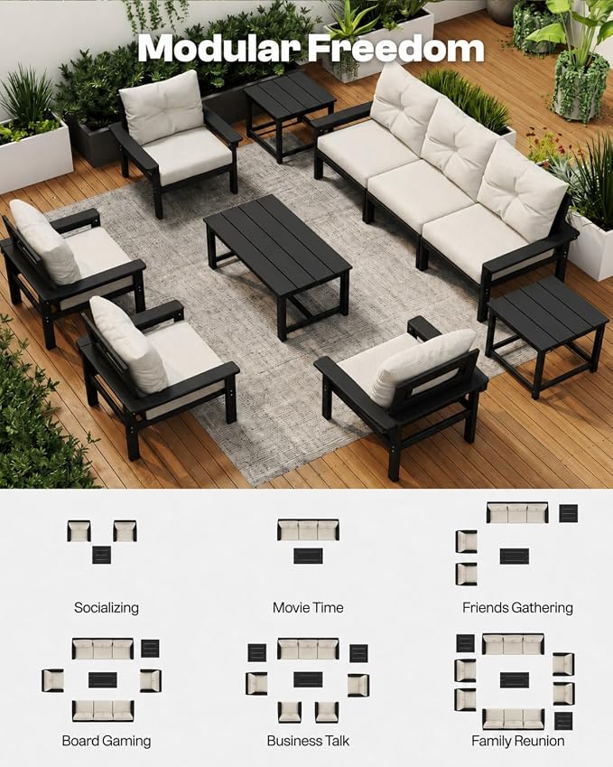 HDPE Outdoor Patio Furniture Set, 7-Piece Patio Conversation Sets with Coffee Table & Side Table & Beige Washable Thick Cushions, Outdoor Sofa for Balcony, Porch(Black Frame)