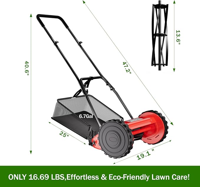 Garvee 14" Cordless Manual Reel Lawn Mower, Walk-Behind Push Mower with 5-Blade Cutting System, Durable Steel Frame, Adjustable Cutting Height, Comfort Grip Handle & 6.7-Gallon Grass Catcher