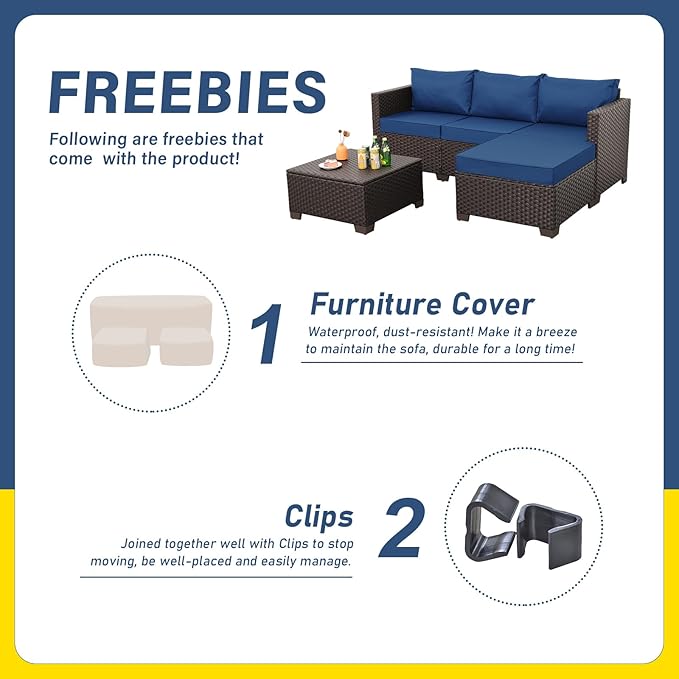 Patio Furniture Set 3 Pieces Outdoor Sectional Sofa Set Wicker Patio Furniture Outdoor Couch Outdoor Ottoman Coffee Table with Storage All-Weather Anti-Slip Cushions Waterproof Covers, Navy Blue