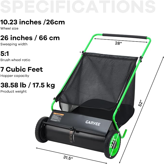 Garvee Push Lawn Sweeper, 26 in Leaf & Grass Collector with 7 Cu. ft. Hopper Bag, 4 Spinning PP Brushes, Durable Steel Construction, Adjustable Height & Rubber Tires for Leaves Grass Cleanup