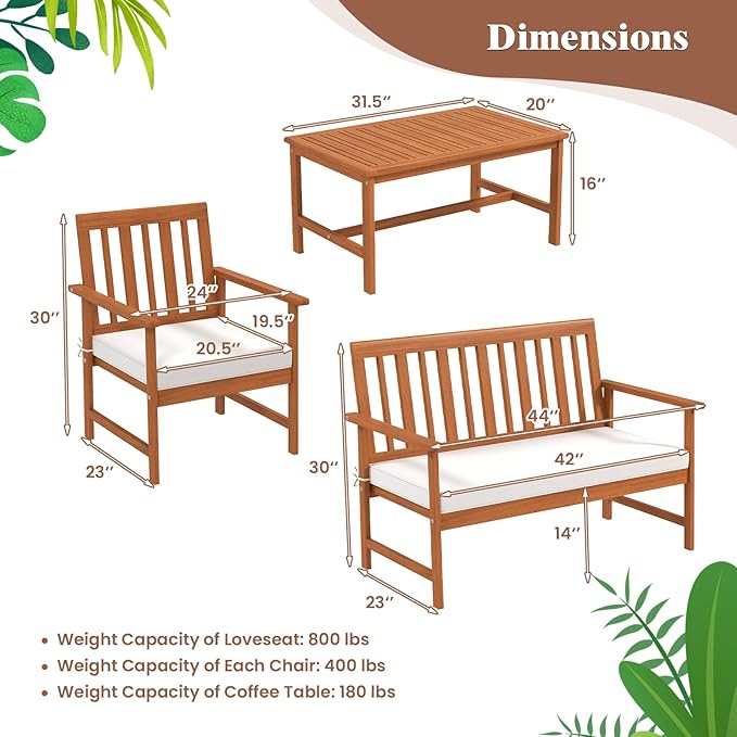 Tangkula 4-Piece Acacia Wood Patio Conversation Set, Outdoor Furniture Set with 2 Armchairs, Loveseat, Coffee Table, Soft Cushions, Slatted Sofa and Chairs Set for Deck, Backyard (Off White,1)