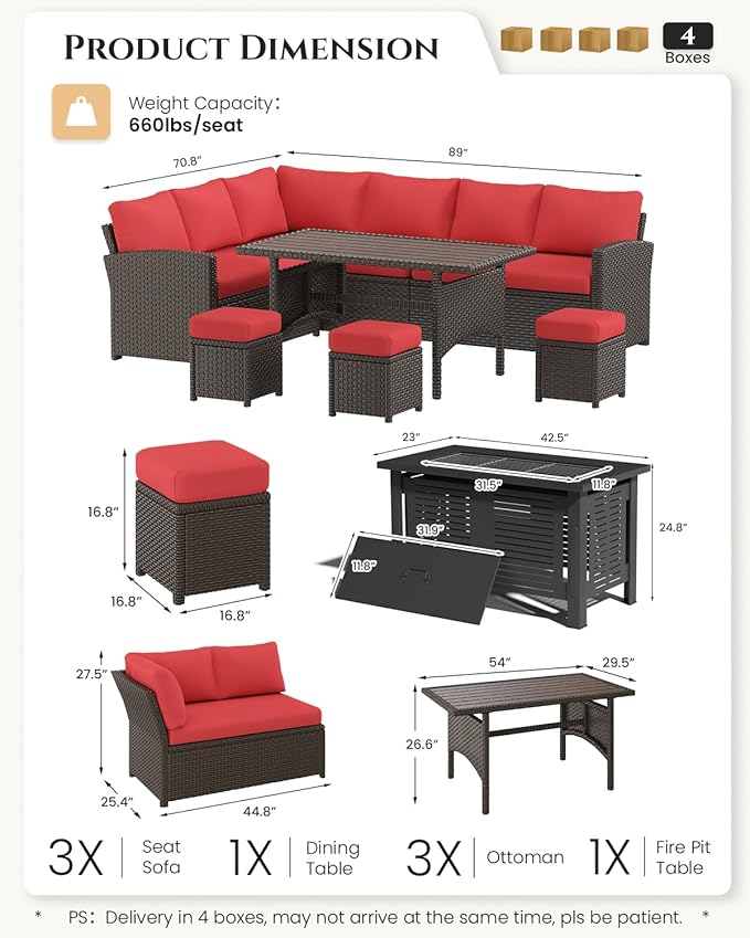 U-MAX 7 Pieces Patio Furniture Set with 43" Fire Pit Table, Outdoor Sectional Sofa Conversation Set, All Weather Wicker Rattan Dining Table & Chair with Ottoman, Brown Rattan&Red Cushion