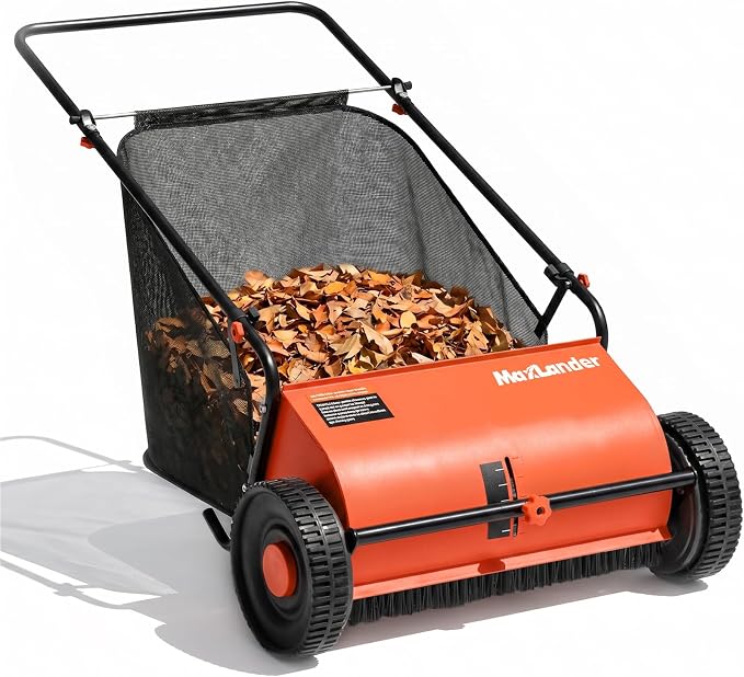26-Inch Push Lawn Sweeper with 7 Cu.Ft. Hopper Bag, Adjustable Brush Height & 4 Spinning Brushes, Heavy Duty Leaf & Grass Collector with Durable Rubber Wheels for Yard Cleanup