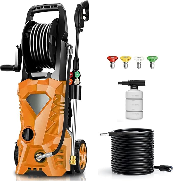 5000PSI Electric Pressure Washer 2026 2.8GPM High Power Washer with 33ft Hose Reel,4 Nozzle,and Soap Bottle for Cars/Home/Driveways/Patios/Fences,Orange
