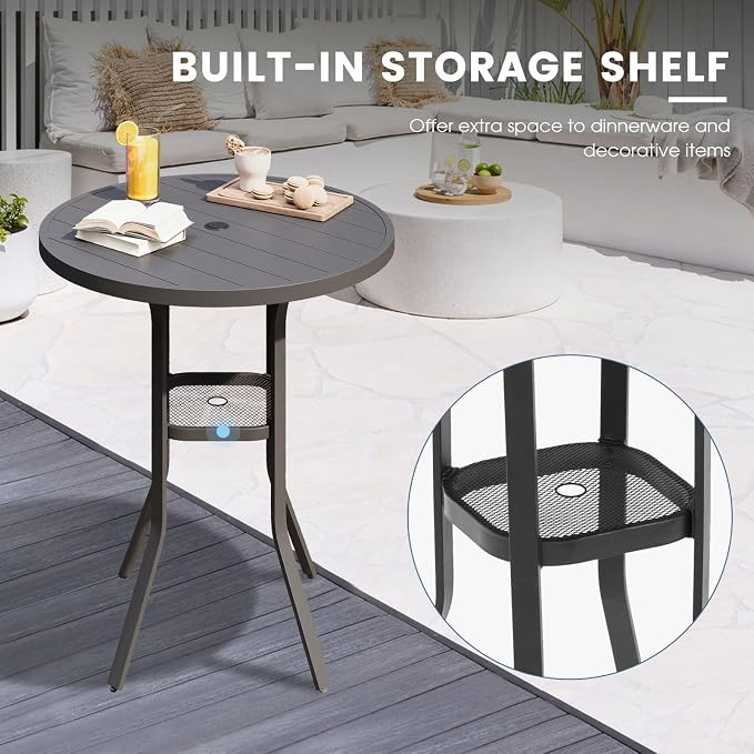 DIFY Patio Bar Height Table, 35.5" Round Outdoor Bistro Table with 1.57" Umbrella Hole for Poolside, Balcony, Pub and Garden, Grey