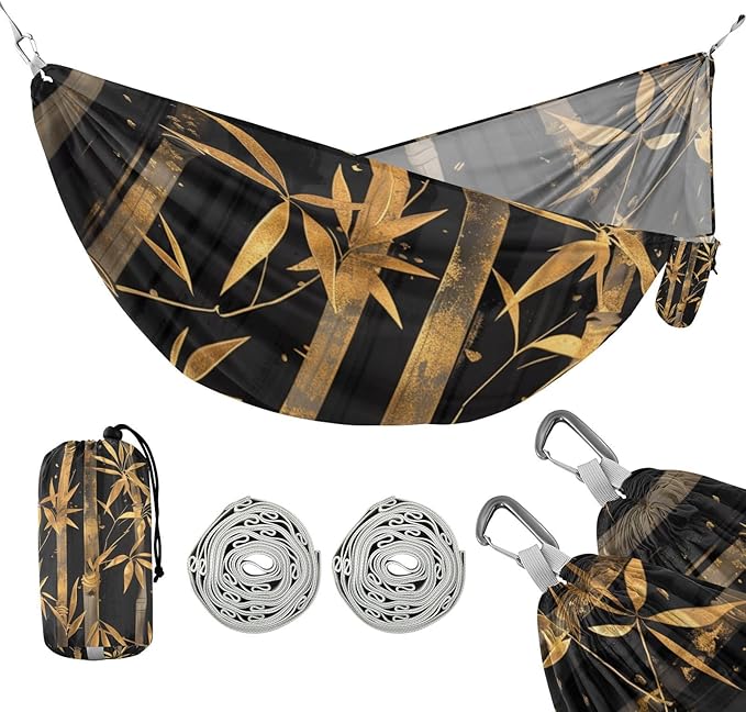 Black and Gold Chinese 330lb Capacity Camping Hammock with Hanging Rope Rope Hammock for Outside Patio Garden hamaca con Base para adultos