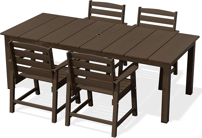 AreShark 5-Piece Outdoor Dining Set,HDPE Patio Table with 4 Armchairs,All-Weather Patio Furniture Set with Umbrella Hole,Low Maintenance Wood Grain Dining Set for Backyard,Garden,Poolside,Black