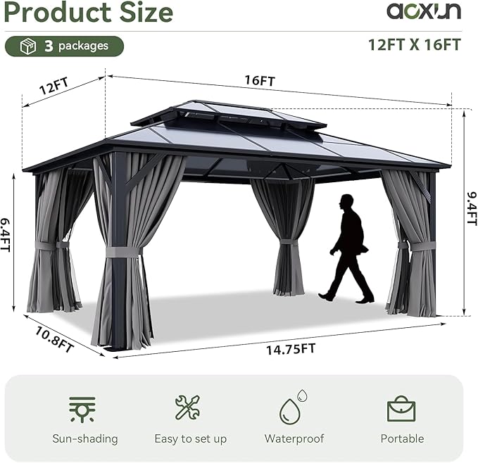 Aoxun 12'x16' Hardtop Gazebo, Aluminum Frame Permanent Pavilion with Curtains and Netting, Outdoor Polycarbonate Double Roof Canopy