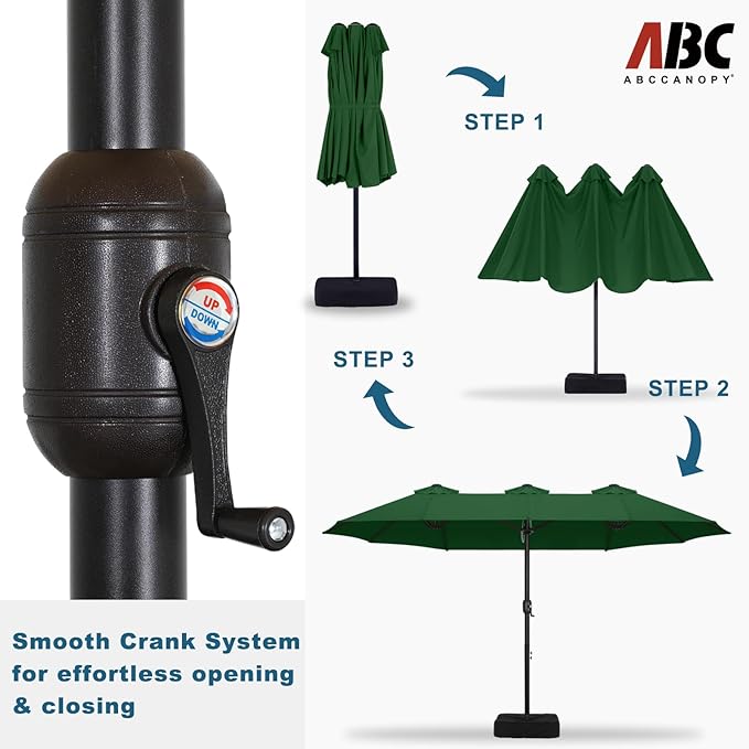ABCCANOPY 15FT Patio Umbrella with Base, Outdoor Double-Sided Rectangle Umbrella Bonus Latch, Wights for Poolside, Lawn, Backyard (Green)