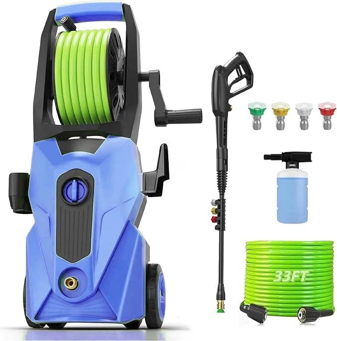 Pressure Washer 5000PSI High Power Washer with 33ft Pressure Hose Reel, 4 Nozzles and Foam Cannon, for Home, Cars, Fences, Patio (Blue)