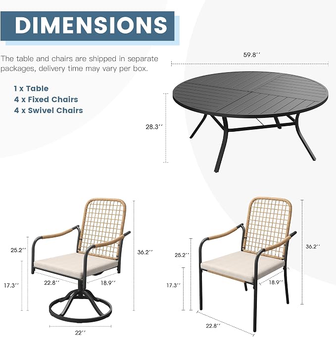 DIFY 9 Pieces Outdoor Dining Set for 8, 59.8" Black Round Metal Table with 4 Stackable Wicker Patio Chairs & 4 Swivel Chairs, Patio Furniture Set with Cushions and Umbrella Hole, Wheat Rattan
