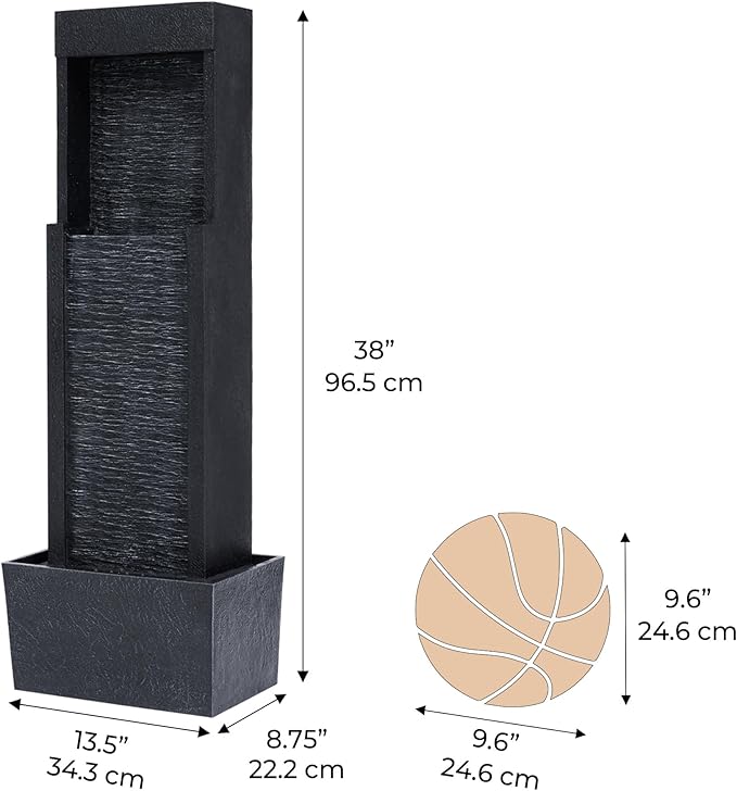 Teamson Home Athena Waterfall Water Solar Fountain with LED Lights and Pebble Stones for Patio Garden Backyard Decking Décor, 38 inch Tall, Gray