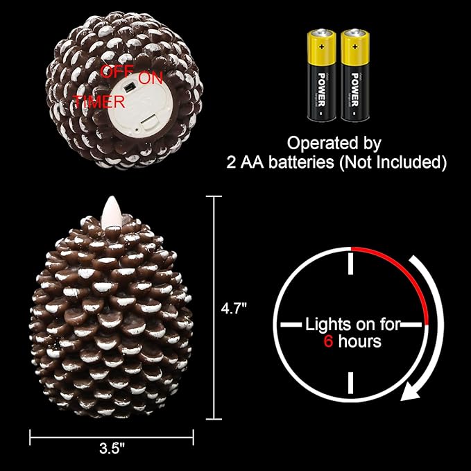 Wondise Flameless Candles with 6H Timer, Battery Operated Flickering Wick Real Wax Pine Cone Candles for Holiday Indoor Decoration, Set of 2, Brown(D3.5 x H4.7 Inch)