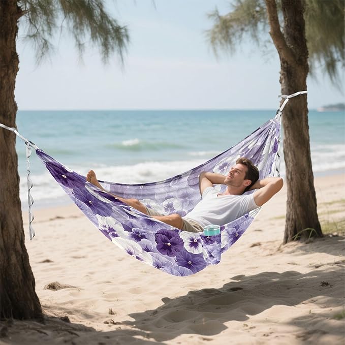 Camping Hammock Outdoor Hammocks for Outside Pansy Flowers White Violet Beach Trees Portable Lightweight with Pockets Tree Straps Indoor Small