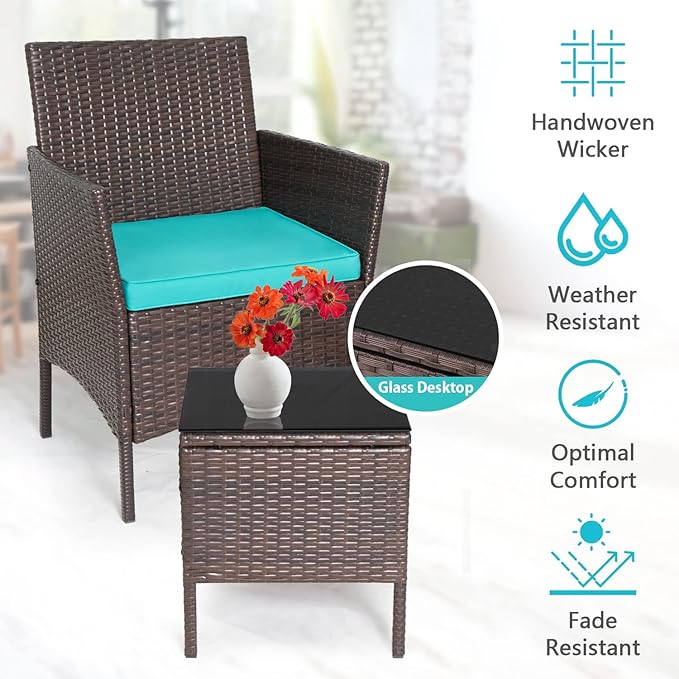 PayLessHere 3-Piece Outdoor Wicker Conversation Bistro Set Outdoor Patio Porch Furniture Sets for Yard, Garden with 2 PE Rattan Wicker Chairs, 2 Cushions,1 Coffee Table (Blue)