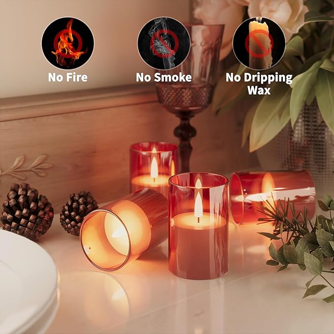 VIODAIM 12Pack Flickering Flameless LED Candles with Timer, Battery Powered - Small Pillar & Votive, Red (2"X3")