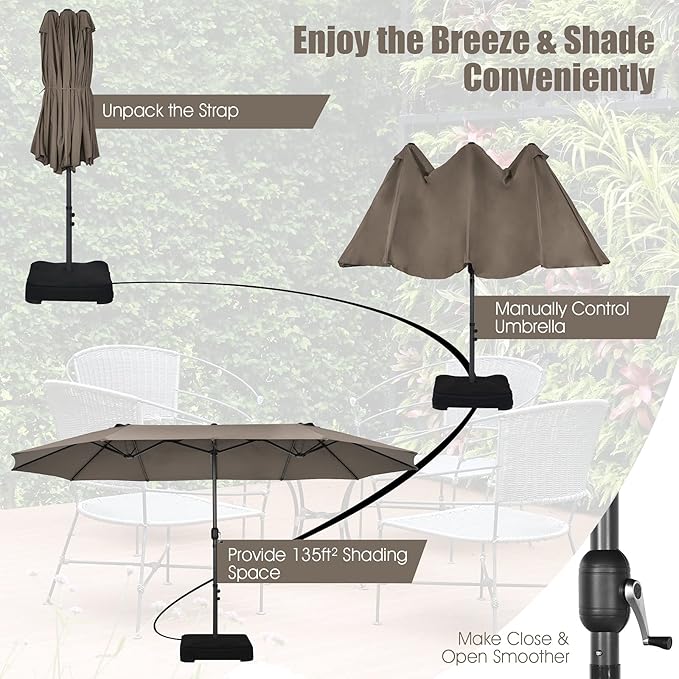 Tangkula 15FT Double-Sided Patio Umbrella, Outdoor Market Umbrella W/Hand-Crank System & Enhanced Base, Ultra-Large Twin Garden Umbrella W/ 12-Rib Structure for Residential & Commercial Use (Coffee)