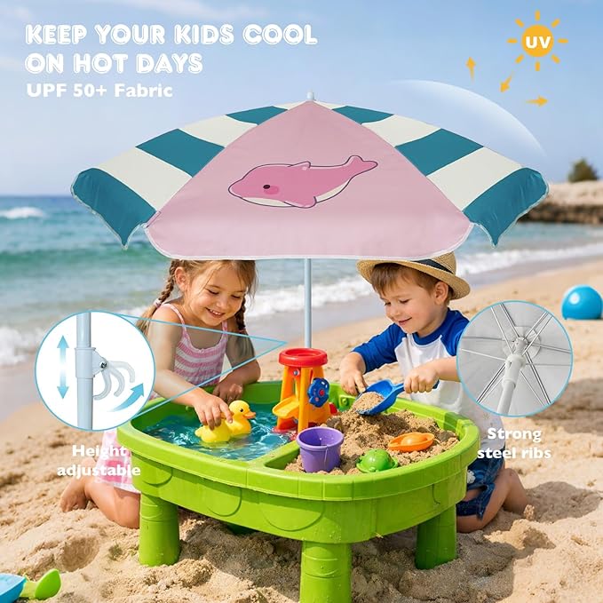 AMMSUN 5ft Seaside Umbrella for Sand Box Water Table - Kids Durable Umbrellas for children Picnic Beach Camping Garden Outdoor Play Shade Pink Dolphin
