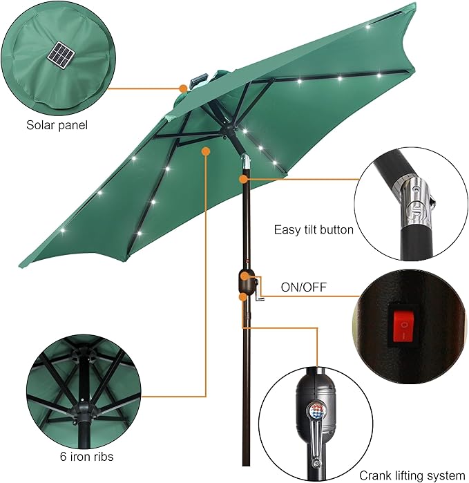 Blissun 7.5 ft Solar Umbrella, 18 LED Lighted Patio Umbrella, Table Market Umbrella