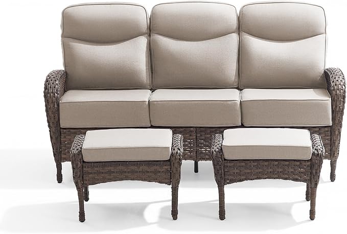 Outdoor Patio Sofa Set (3pcs) with High-Back Design—Thickened Cushions, Sofa Footstool, Patio Set, All-Weather Wicker Patio Furniture Set, Suitable for Balconies and Patios, Available in Brown/Beige