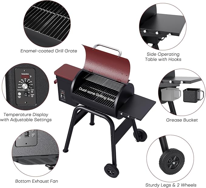 Jocoevol Wood Pellet Grill Smoker for Outdoor Cooking, 456 SQ. IN Cook Area Electric Pellet Grill with Auto Feed & PID Temperature Control 180-425°F, 6-in-1 BBQ Grill & Rain Cover for Backyard