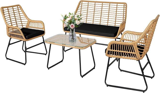 4 Piece Outdoor Wicker Patio Conversation Bistro Set, Rattan Patio Furniture Set with Table and Cushions, Conversation Loveseat Chairs for Backyard, Balcony, Black