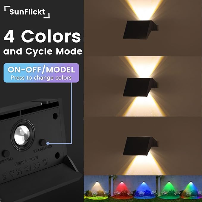 Solar Fence Lights Outdoor, 10 Pack White & RGB Up and Down Solar Wall Lights, IP67 Waterproof LED Dusk to Dawn Solar Powered Fence Lights for Patio, Backyard, Deck, Garden, Yard, Outdoor Wall Decor