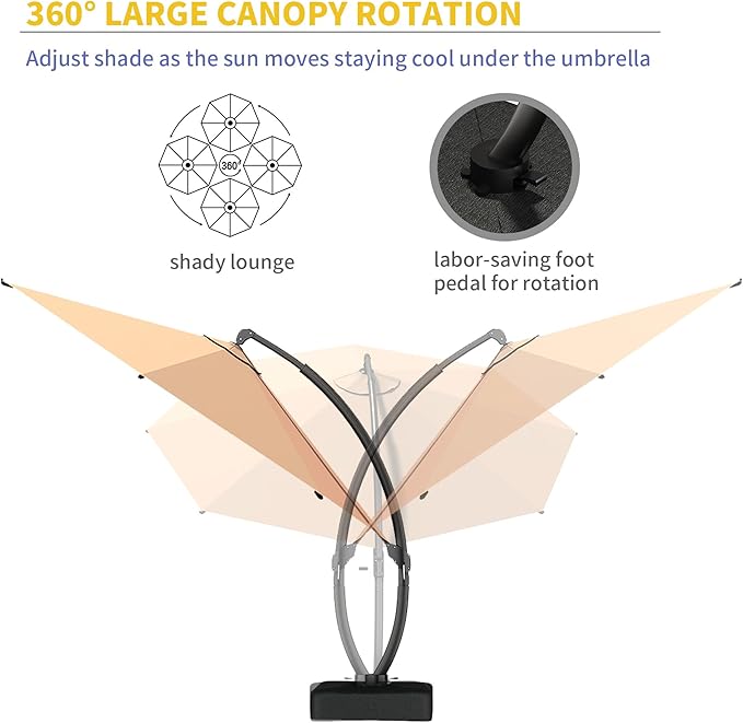 Kingdura 11ft Offset Cantilever Patio Umbrella with Solar Lights, Large Round Outdoor Umbrella with Base Included, Aluminum Frame, 360° Rotation & Infinite Tilt for Deck Pool Backyard, Champagne