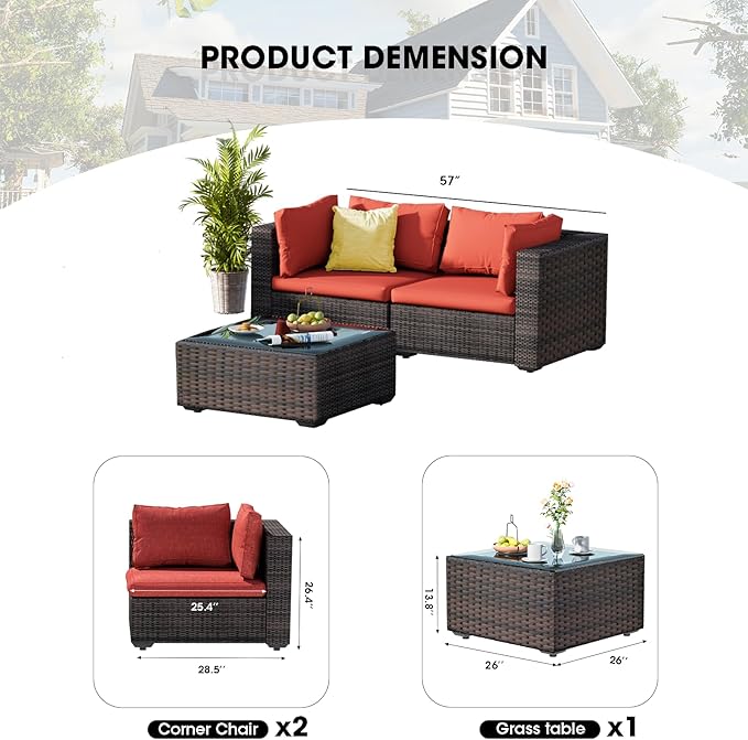 3 Piece Patio Furniture Set All Weather PE Rattan Outdoor Sectional Sofa Couch with No-Slip Cushions and Glass Top Table for Garden, Poolside, Backyard (Red)