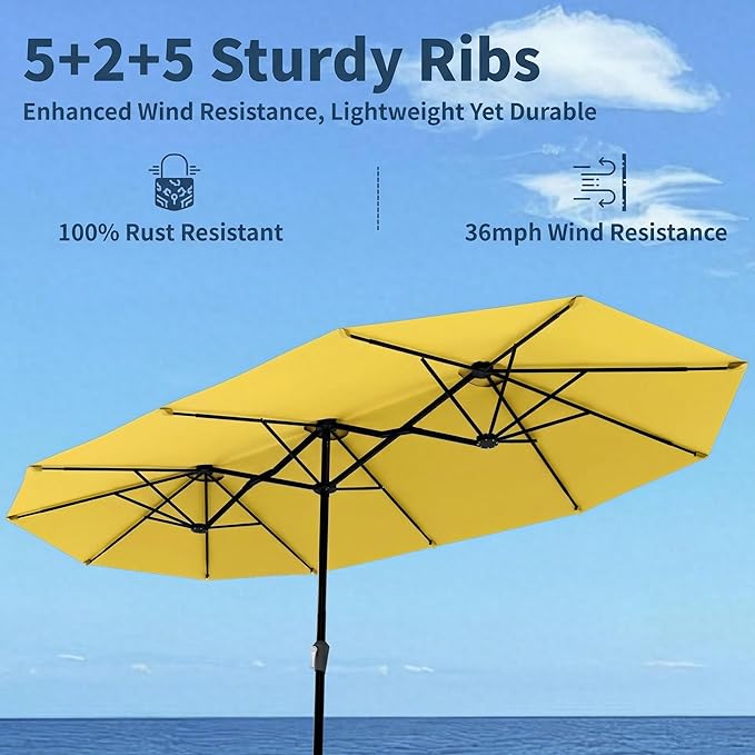 15FT Double Sided Patio Umbrella with Base Included Large Outdoor Market Umbrella with Crank Handle, UV Resistant Canopy, Sturdy Frame for Garden, Poolside, Deck, Sunshine Yellow