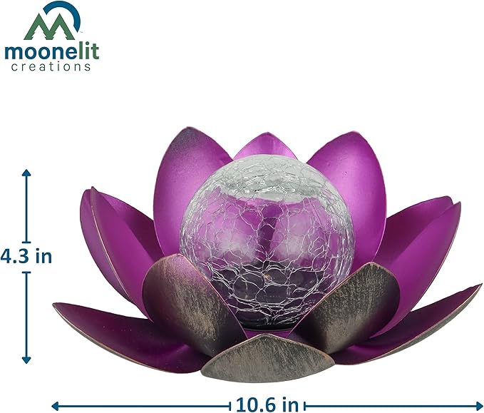 MCSLOTUS-V Violet Lotus Flower Solar LED Garden Light with Crackled Glass Globe – Waterproof Metal Outdoor Décor