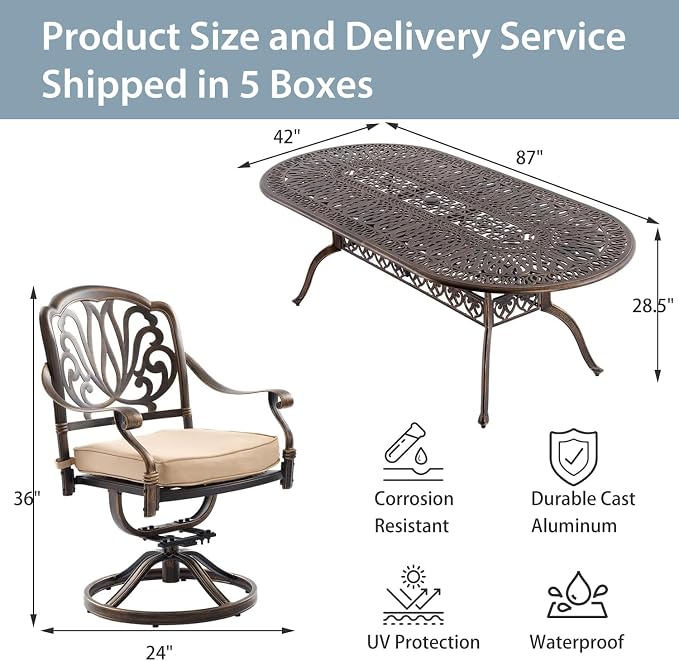 9-Pcs Cast Aluminum Patio Dining Set with 8 Swivel Chairs,Bronze | Outdoor Furniture Set Include 87" Oval Dining Table and 8 Swivel Chairs with Cushions & Umbrella Hole