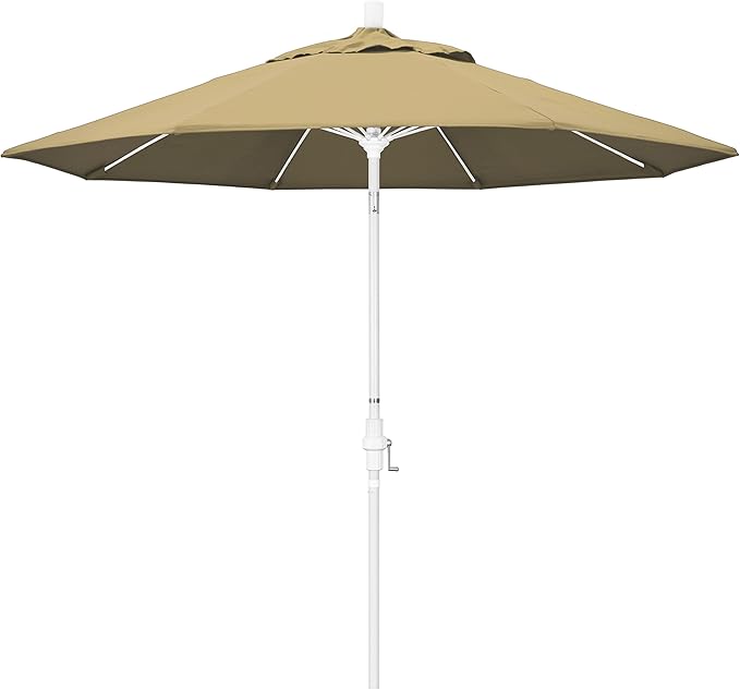 California Umbrella 9' Round Aluminum Pole Fiberglass Rib Market Umbrella, Crank Lift, Collar Tilt, White Pole, Champagne Olefin