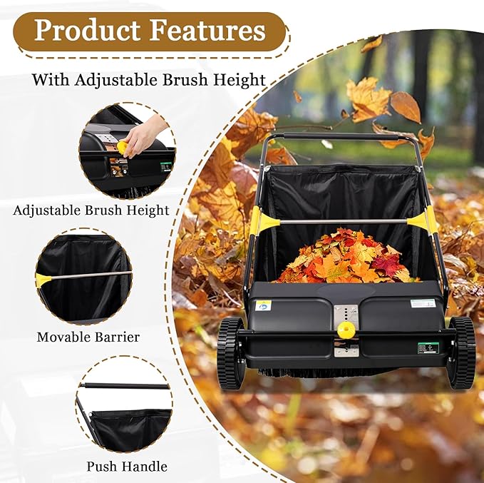 26 Inch Lawn Sweeper Push Hand Powered for Leaves, Grass Clippings & Yard Debris, 4 High-Speed Brushes & Large 7 cu ft Hopper Bag | Adjustable Height, ABS+Steel Frame (26 Inch Black)