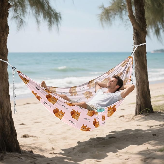 Camping Hammock Outdoor Hammocks for Outside Cute Squirrel Happy Beach Trees Portable Lightweight with Pockets Tree Straps Indoor