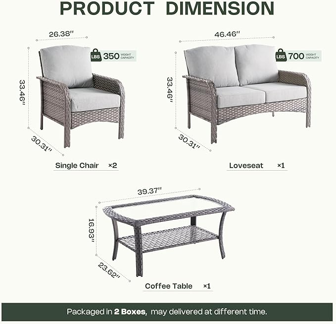 4-Piece Patio Furniture Set, Outdoor Wicker Furniture with Coffee Table, All Weather High Back Loveseat Patio Chairs, Modern Rattan Outdoor Chairs Conversation Set for Porch, Balcony, Garden,Grey