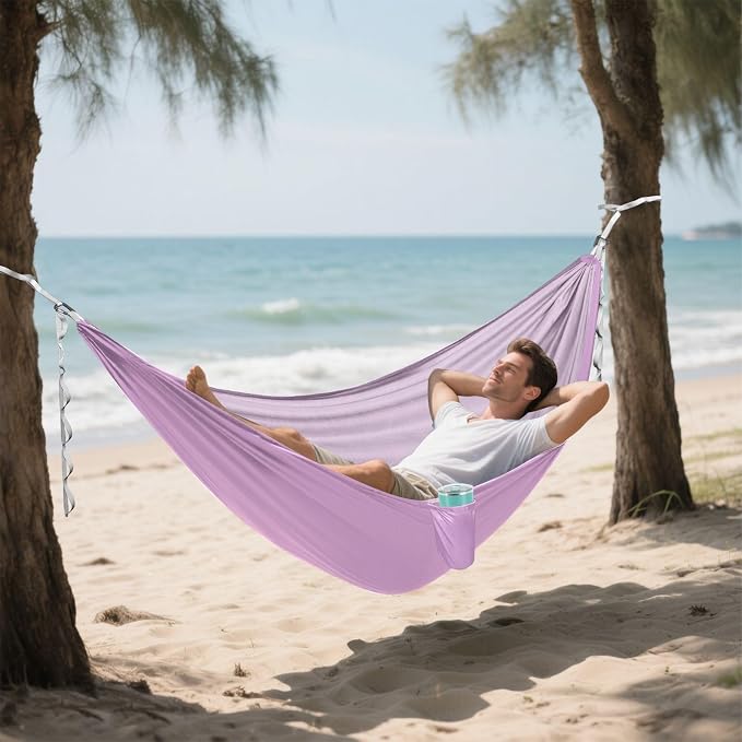 Lilac Solid Color Camping Hammock, Portable Lightweight Single Hammock with Tree Straps and Aluminum Carabiners, 114" x 54" Travel Hammock for Hiking Backpacking Beach