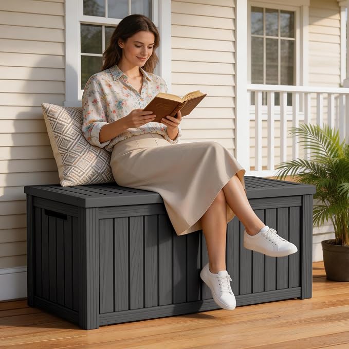 Mars Villa 120 Gallon Outdoor Storage Box, Large Resin Deck Box Waterproof, Storage Bin for Outside Patio Furniture Cushion, Pool Supply, with Hydraulic Hinge, UV Resistant and Weatherproof, Black