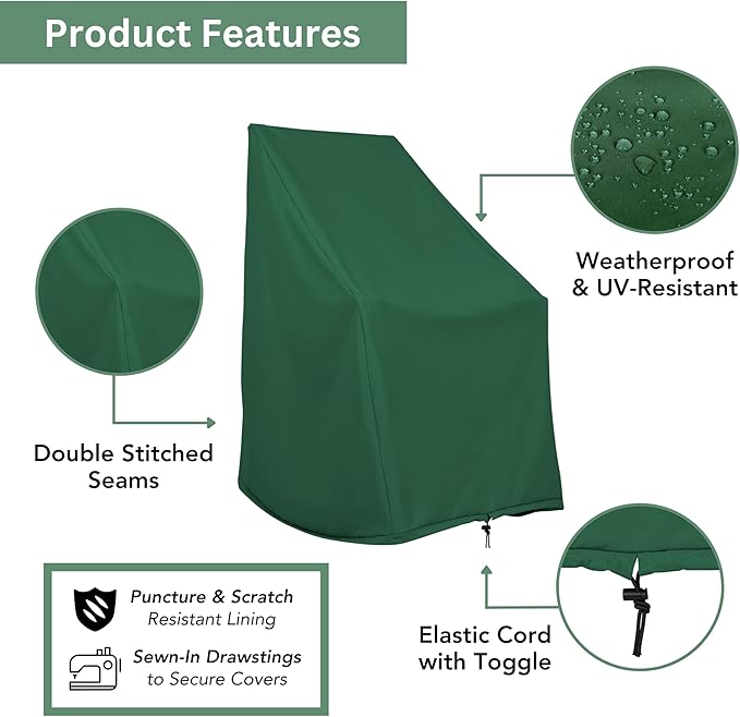 Shine Company Weatherproof Outdoor Rocking Chair Cover Set of 2, 100% Woven Polyester, Elastic Cord with Toggle, Hunter Green, 2-Pack