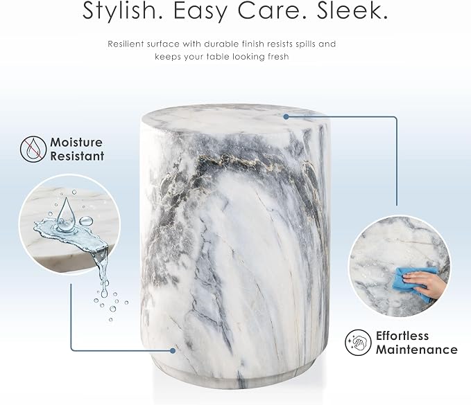 24/7 Shop at Home Ranera Modern 14-inch Natural Stone Side Table with Round Drum Base, Marble Nightstand, Patio End Table, for Living Room, Covered Outdoor Spaces, Balcony, Blue Gray Marble