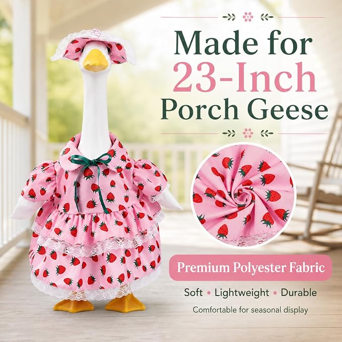 Spring Summer Porch Goose Outfit, Pink Strawberry Goose Costume for 23 Inch Goose Statue, with Lace Trim and Matching Hat, Spring Summer Outdoor Yard Lawn Patio Decor