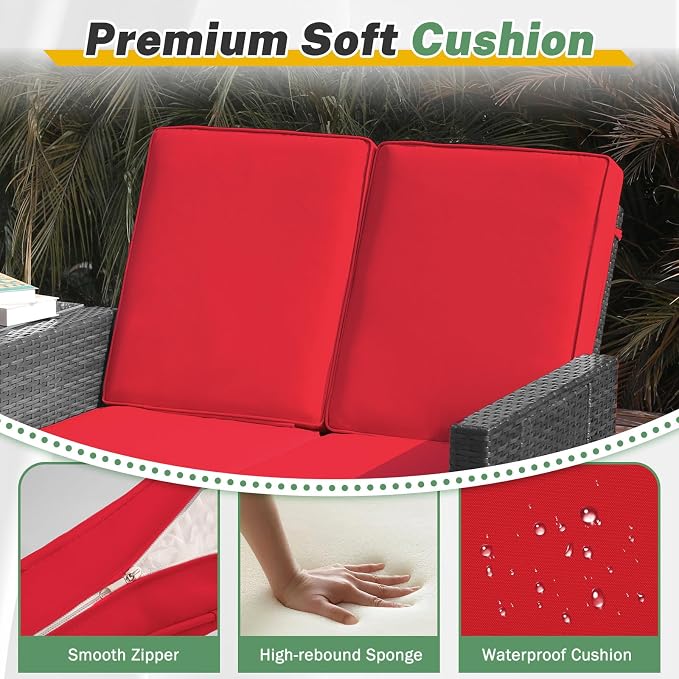 LVUYOYO 5 Piece Patio Furniture Set, Patio Wicker Conversation Set with Ottoman, Outdoor Chaise Lounge Chair with Side Table & Adjustable Backrest for Pool Backyard Garden (Black Wicker Red Cushion)