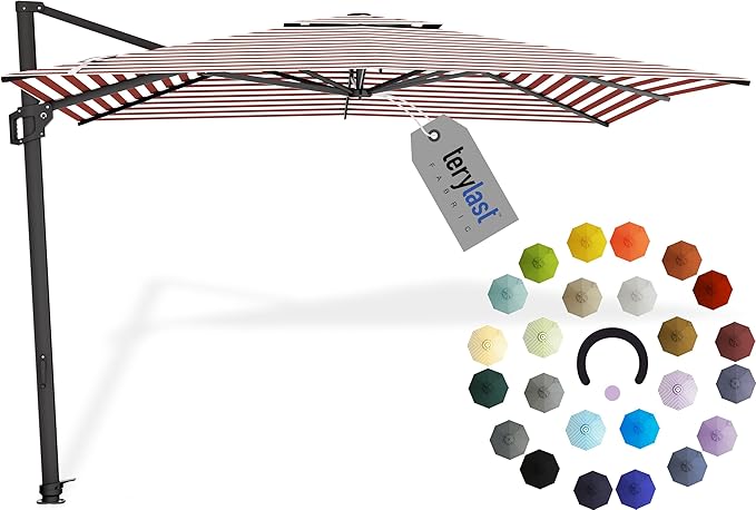Midtown Umbrellas 9 x 9 Ft Outdoor Cantilever Patio Umbrella w/Terylast Red Stripes Fabric - Rotate 360° Offset Patio Umbrella, Deck Patio Umbrella, Backyard Umbrella & Garden Umbrella - Black Frame