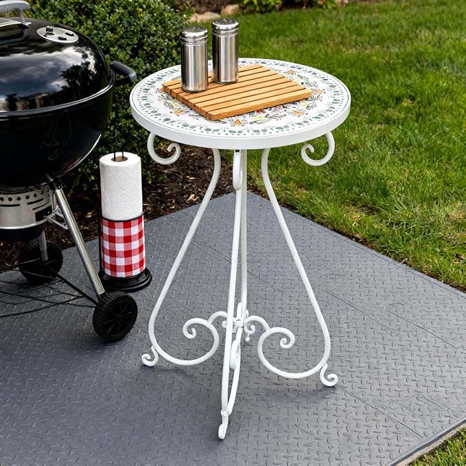 Vintage Outdoor Side Table Round Mosaic Ceramic Tile Top 14" Diameter Metal Plant Stand for Flower Pots Vase Garden Home Porch Pool Indoor Decor Weather Resistant Outside Patio Accent End Furniture