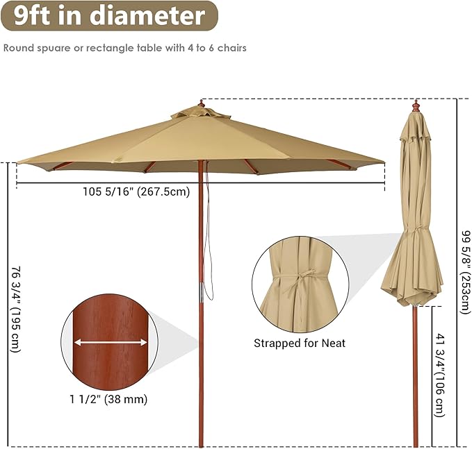 9 Ft Wooden Patio Umbrella 8 Ribs Table Parasol Rope Pulley Outdoor Garden Yard