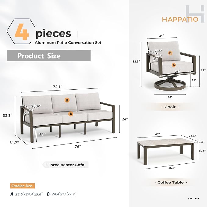 HAPPATIO Patio Conversation Set, 4-Piece Aluminum Oversized Patio Furniture Set with Rope Backrest,2 Swivel Chairs and 3-Seat Sofa with Thick Cushion, Hand-Brushed Frame for Yard, Porch, Balcony
