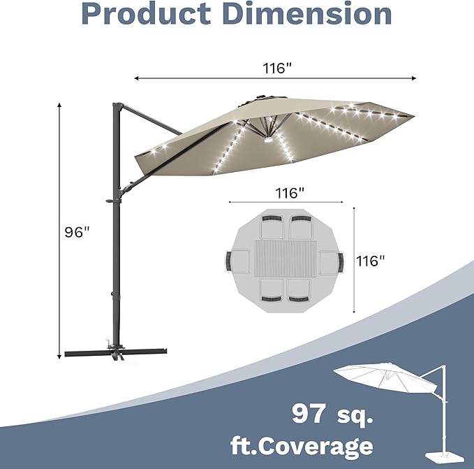 Devoko 10ft Solar LED Patio Umbrella, Round Cantilever Outdoor Umbrella with Solar Lights and 360-Degree Rotation, Large Hanging Offset Market Umbrella with Easy Tilt for Patio Deck Garden,Beige